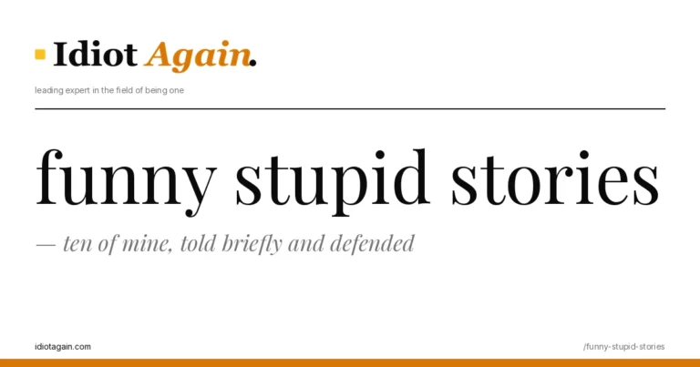 funny stupid stories — ten of mine, told briefly and defended 3 horizontal banner for the funny stupid stories article, idiotagain editorial style, yellow accent